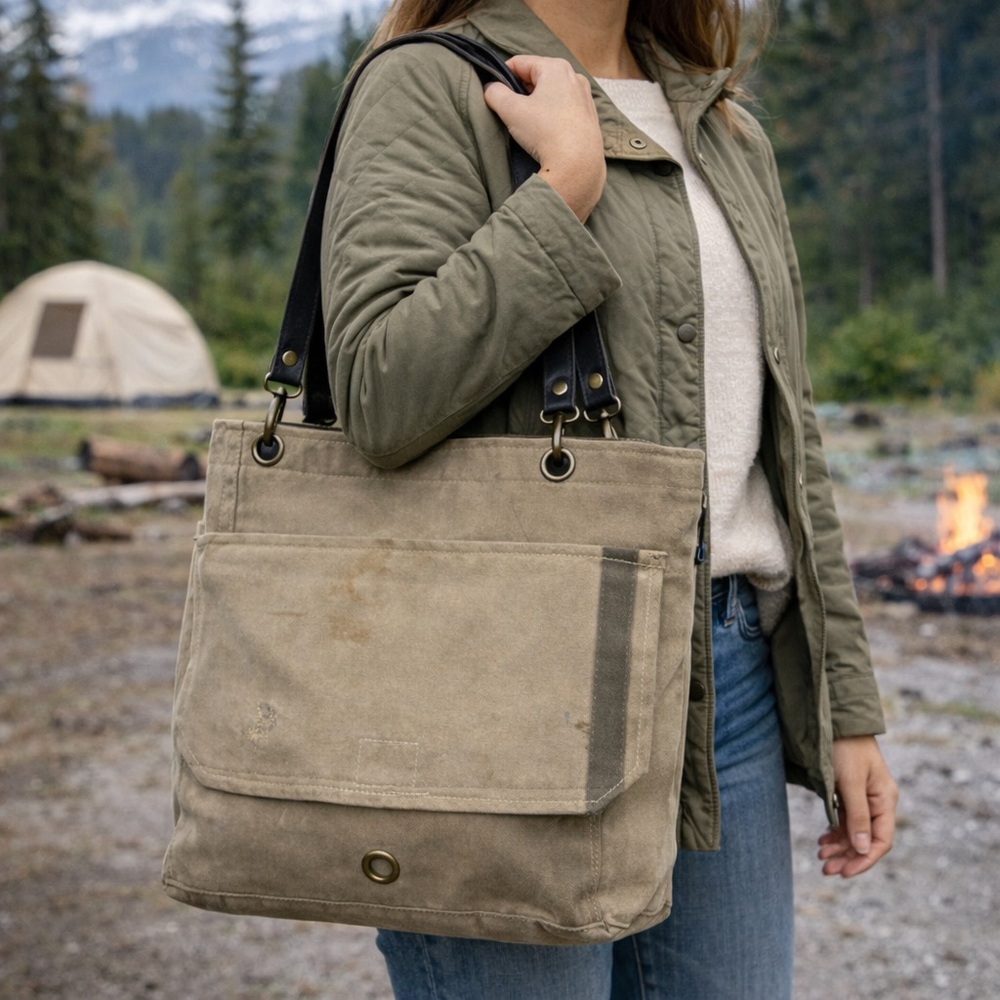 Vintage Addiction Colorblock Recycled Military Canvas & Leather Large Tote – NEW